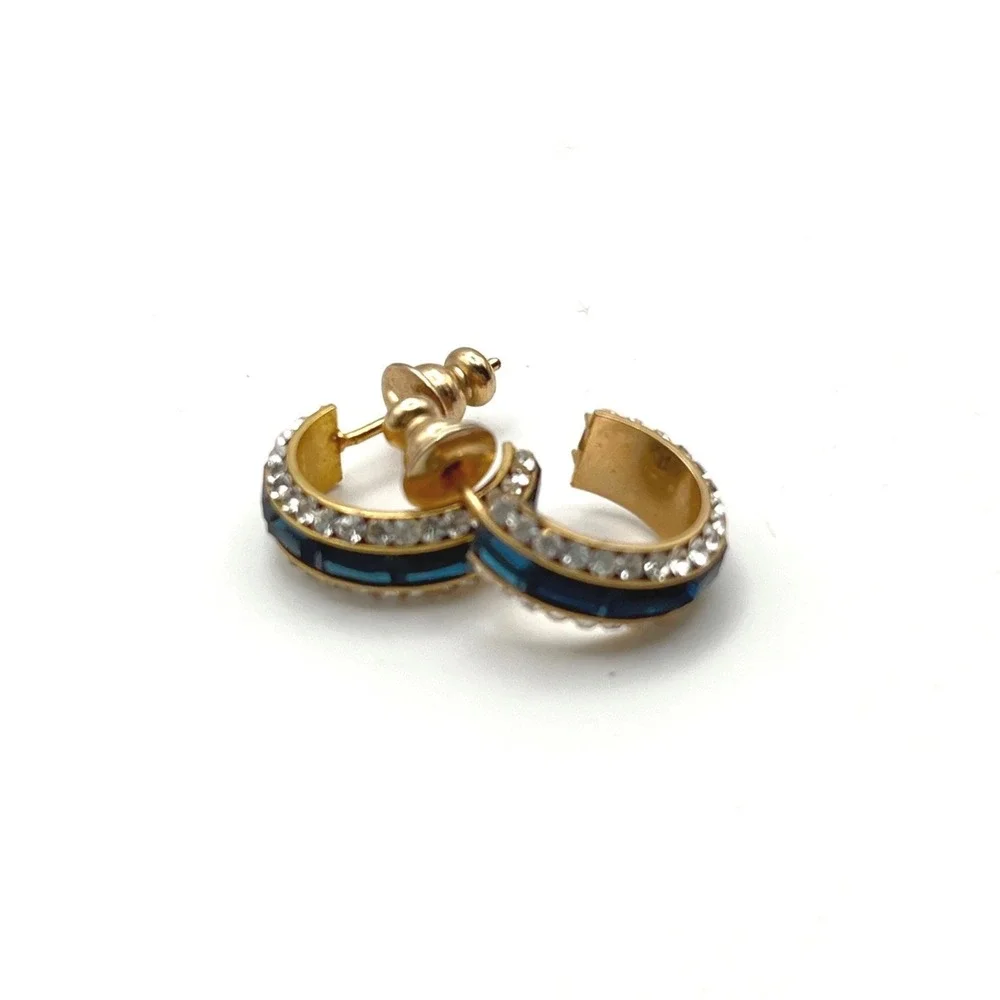 Gold Navy Blue Baguette Crystal Huggie Hoop Earrings Clear Rhinestone Post Back